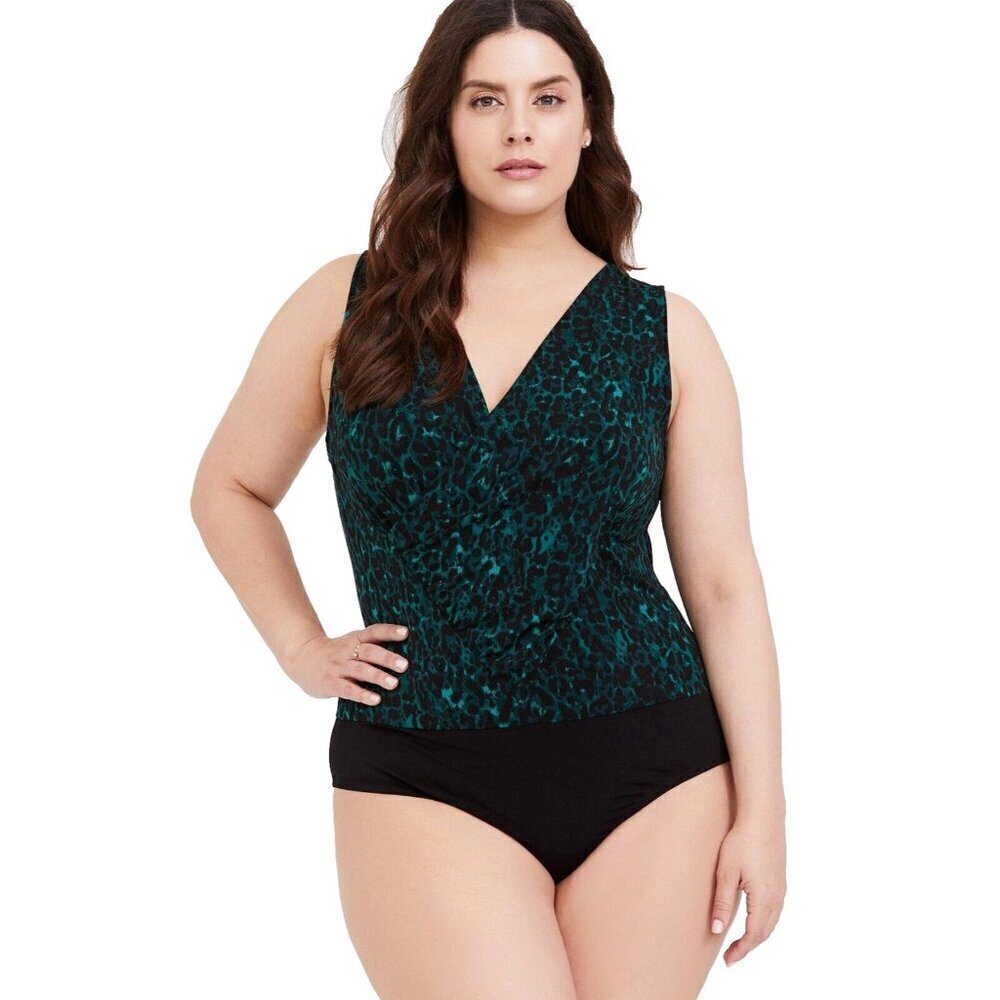 Torrid Bodysuit Size 5 5X 28 Studio Knit Surplice Green Black Snaps Sleeveless